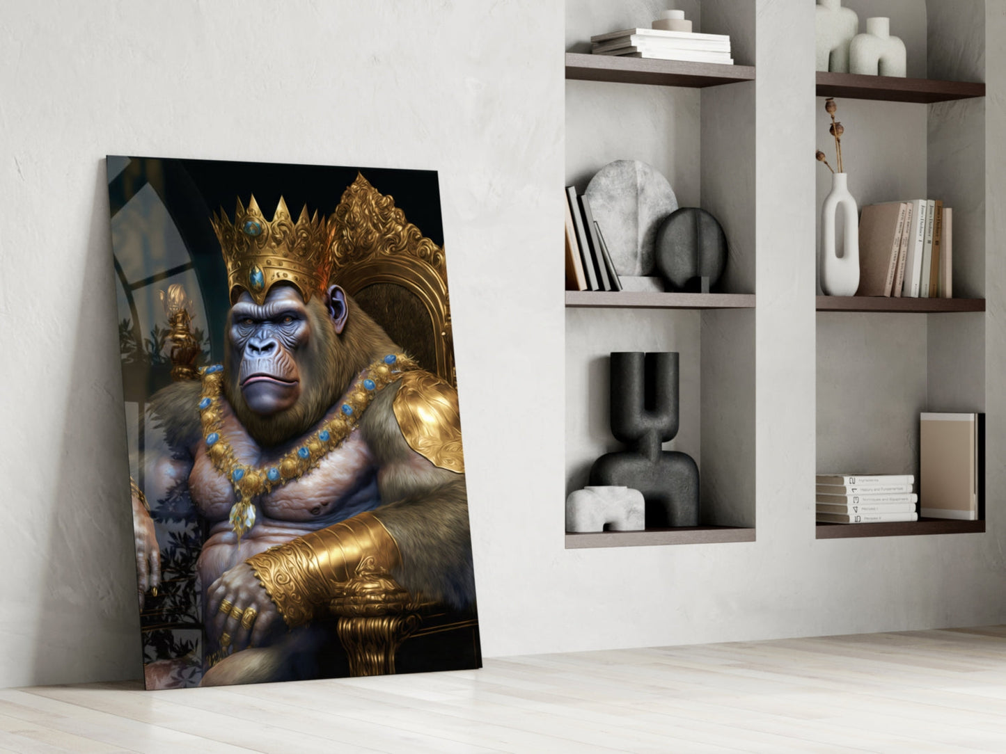 Jeweled Crown Gorilla In Gold Armor Glass Wall Art