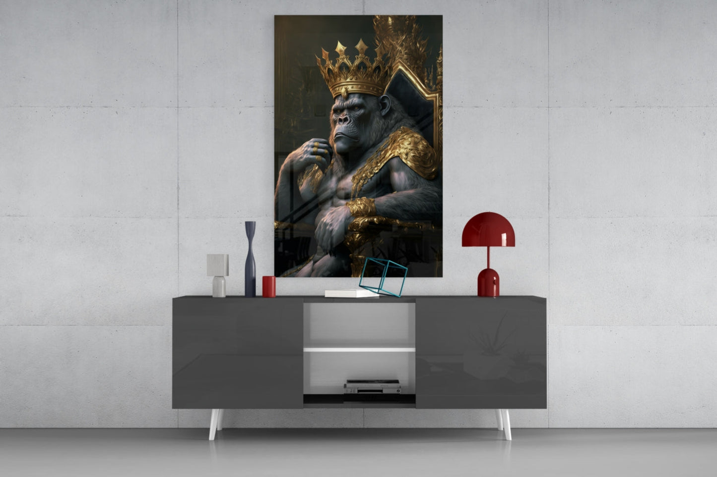 Crowned Gorilla On Golden Throne Glass Wall Art