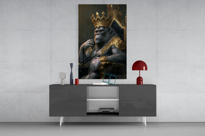 Crowned Gorilla On Golden Throne Glass Wall Art