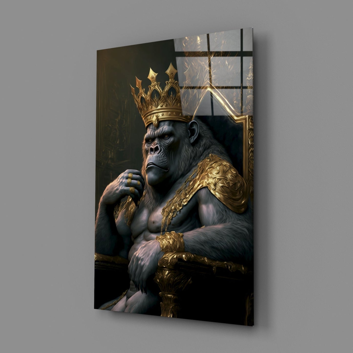 Crowned Gorilla On Golden Throne Glass Wall Art