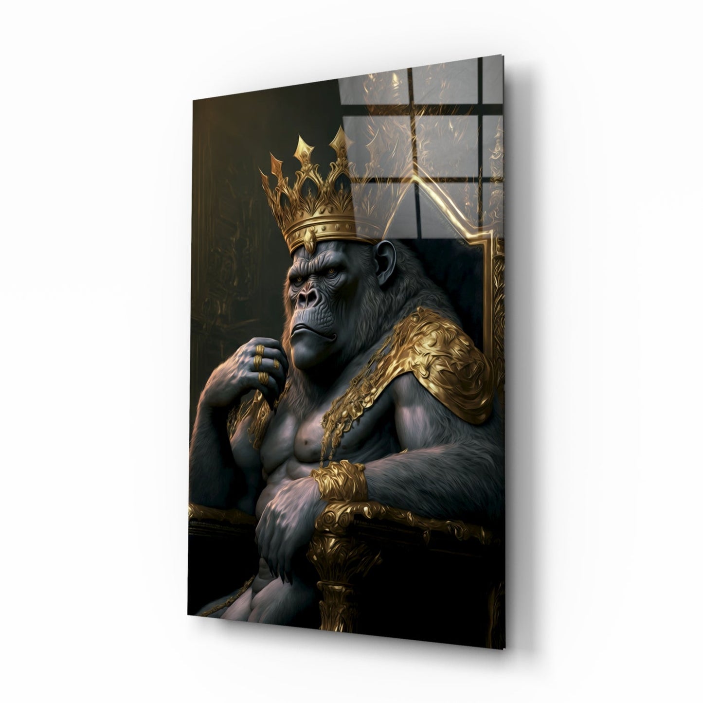 Crowned Gorilla On Golden Throne Glass Wall Art