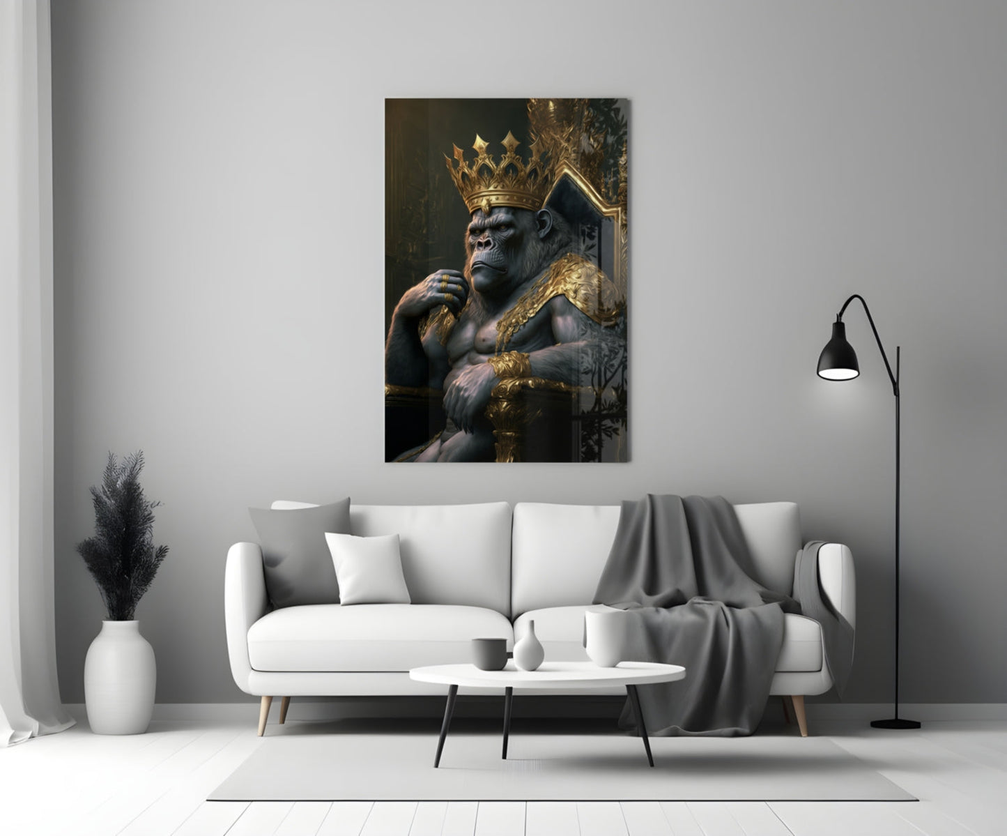 Crowned Gorilla On Golden Throne Glass Wall Art