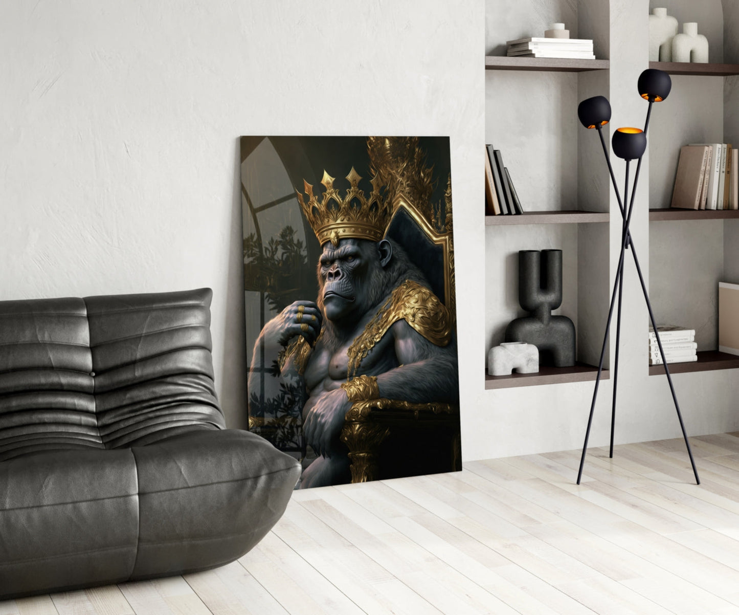 Crowned Gorilla On Golden Throne Glass Wall Art