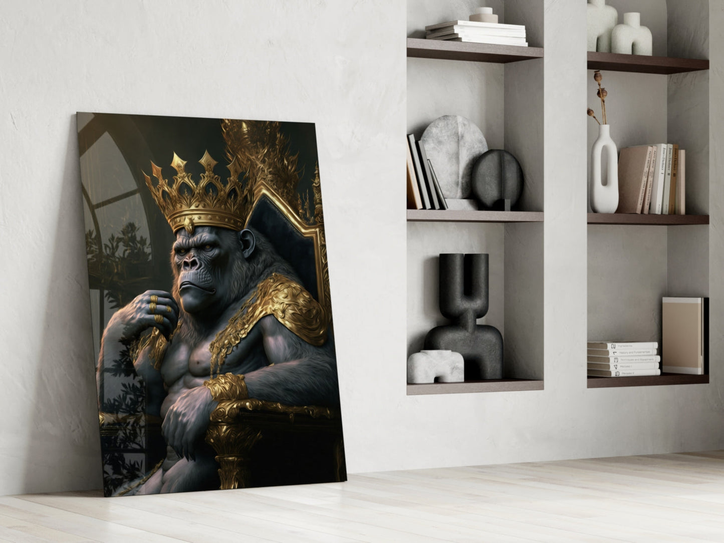 Crowned Gorilla On Golden Throne Glass Wall Art