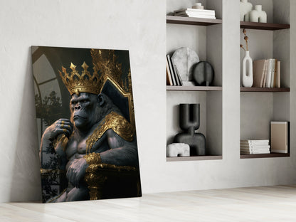 Crowned Gorilla On Golden Throne Glass Wall Art