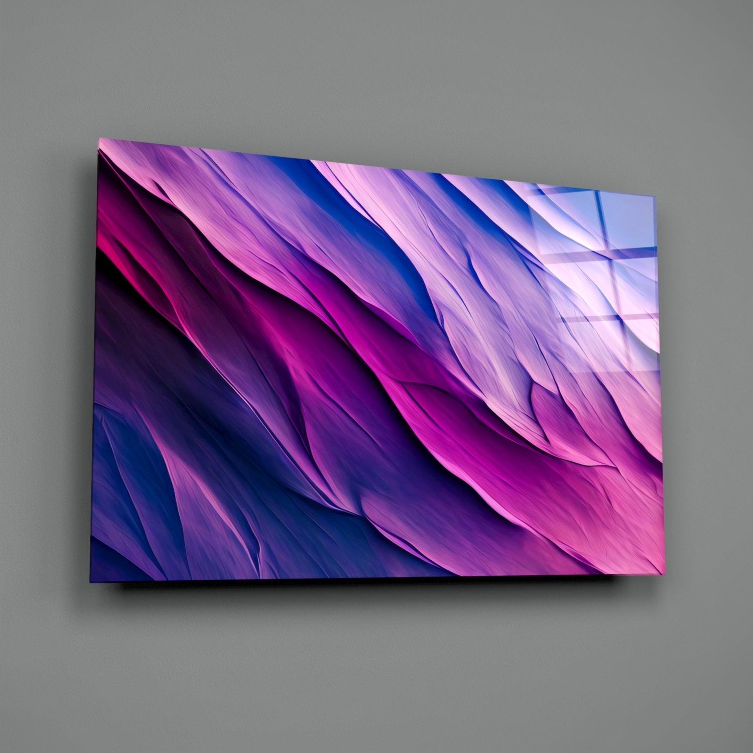 Purple Dance Glass Wall Art mounted on gray wall, displaying diagonal flowing waves in magenta, purple, and blue gradient tones.