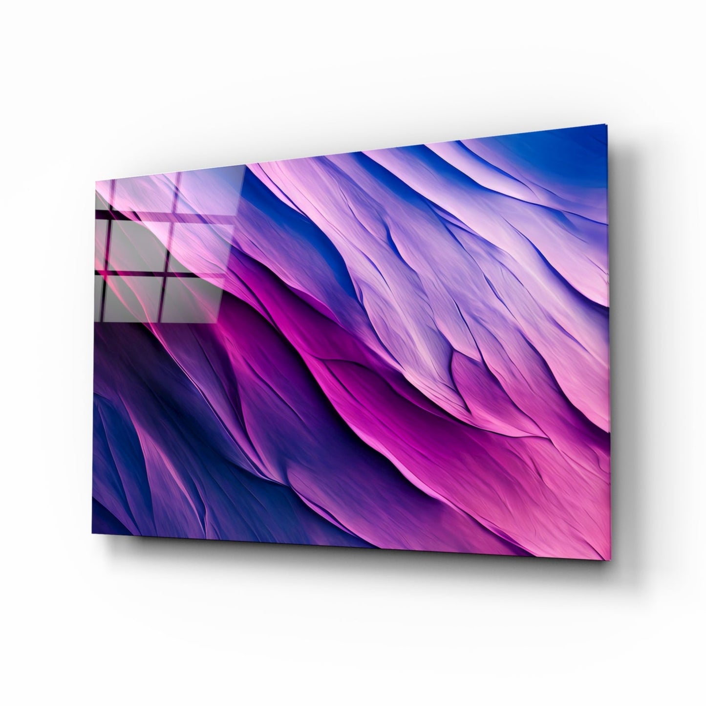 Angled perspective view of purple and blue gradient glass wall art with layered wave texture and shadow effect on white background.