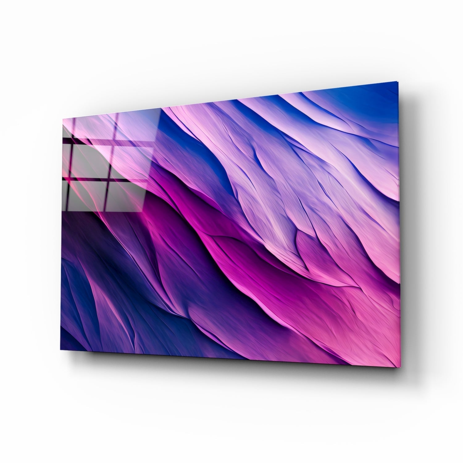 Angled perspective view of purple and blue gradient glass wall art with layered wave texture and shadow effect on white background.
