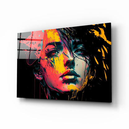Neon Red Yellow Drip Face on Black Glass Wall Art