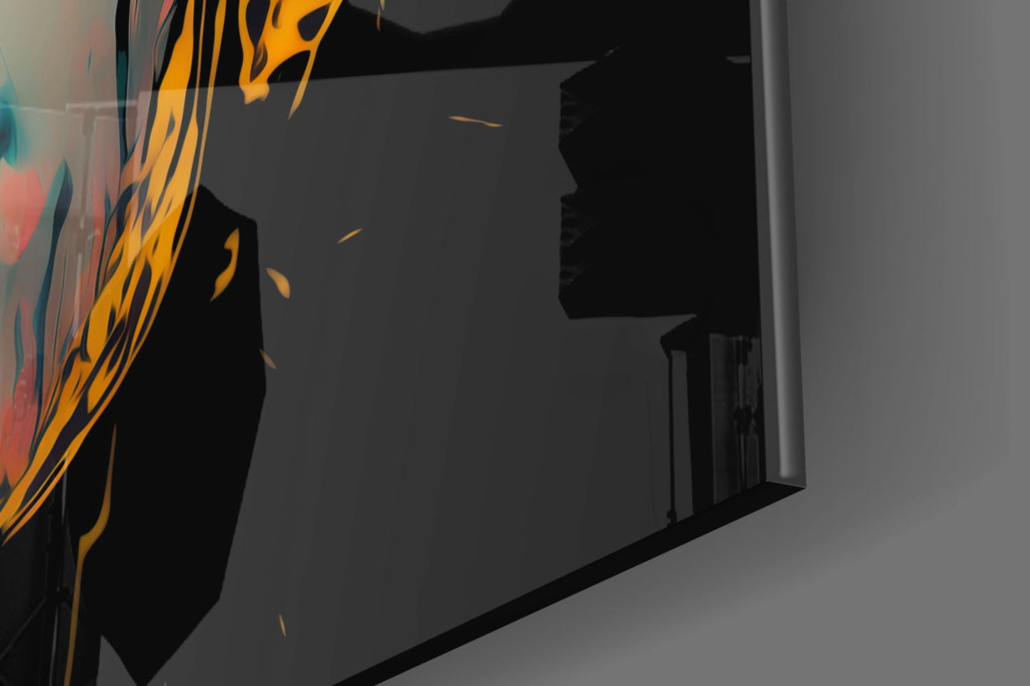 Neon Red Yellow Drip Face on Black Glass Wall Art