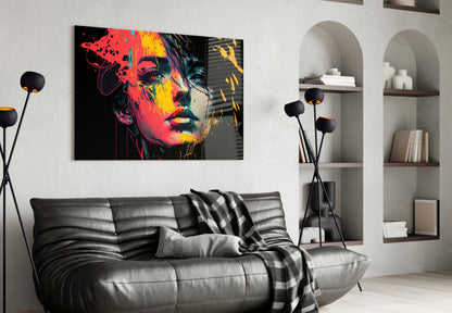 Neon Red Yellow Drip Face on Black Glass Wall Art