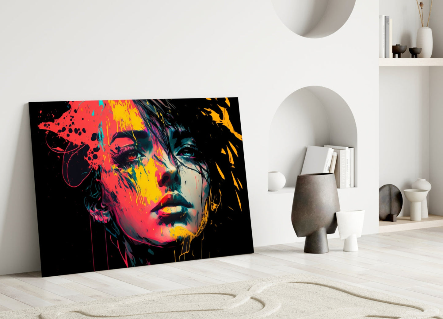 Neon Red Yellow Drip Face on Black Glass Wall Art