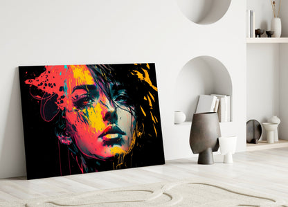 Neon Red Yellow Drip Face on Black Glass Wall Art