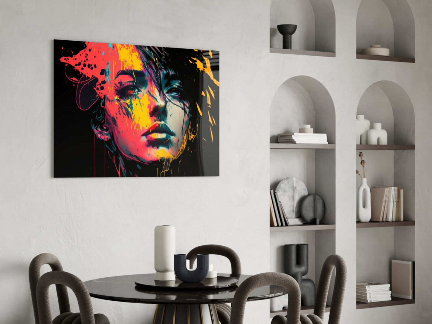 Neon Red Yellow Drip Face on Black Glass Wall Art