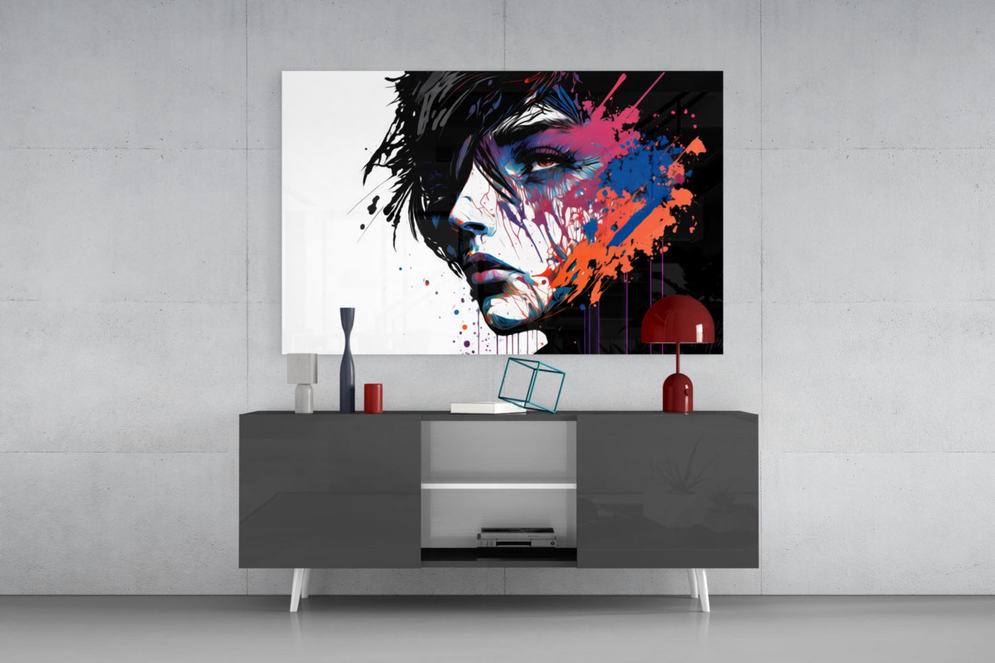 White Backdrop Splatter Woman Profile Glass Wall Art