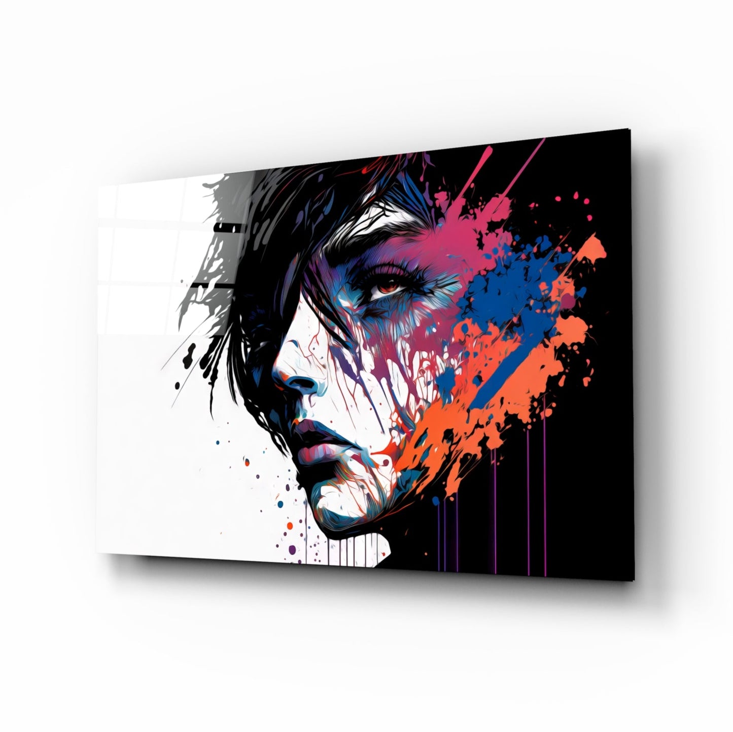 White Backdrop Splatter Woman Profile Glass Wall Art