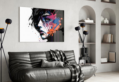 White Backdrop Splatter Woman Profile Glass Wall Art