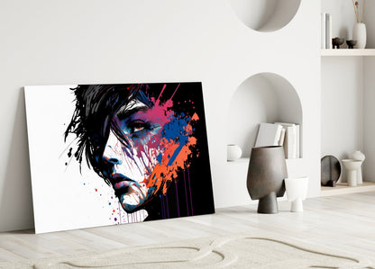 White Backdrop Splatter Woman Profile Glass Wall Art