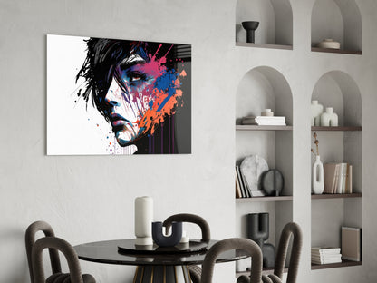 White Backdrop Splatter Woman Profile Glass Wall Art