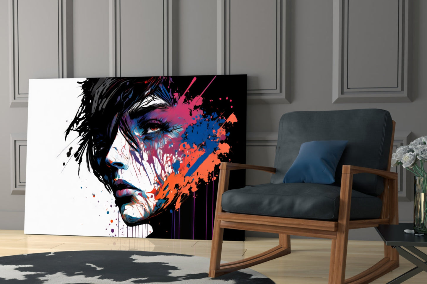 White Backdrop Splatter Woman Profile Glass Wall Art
