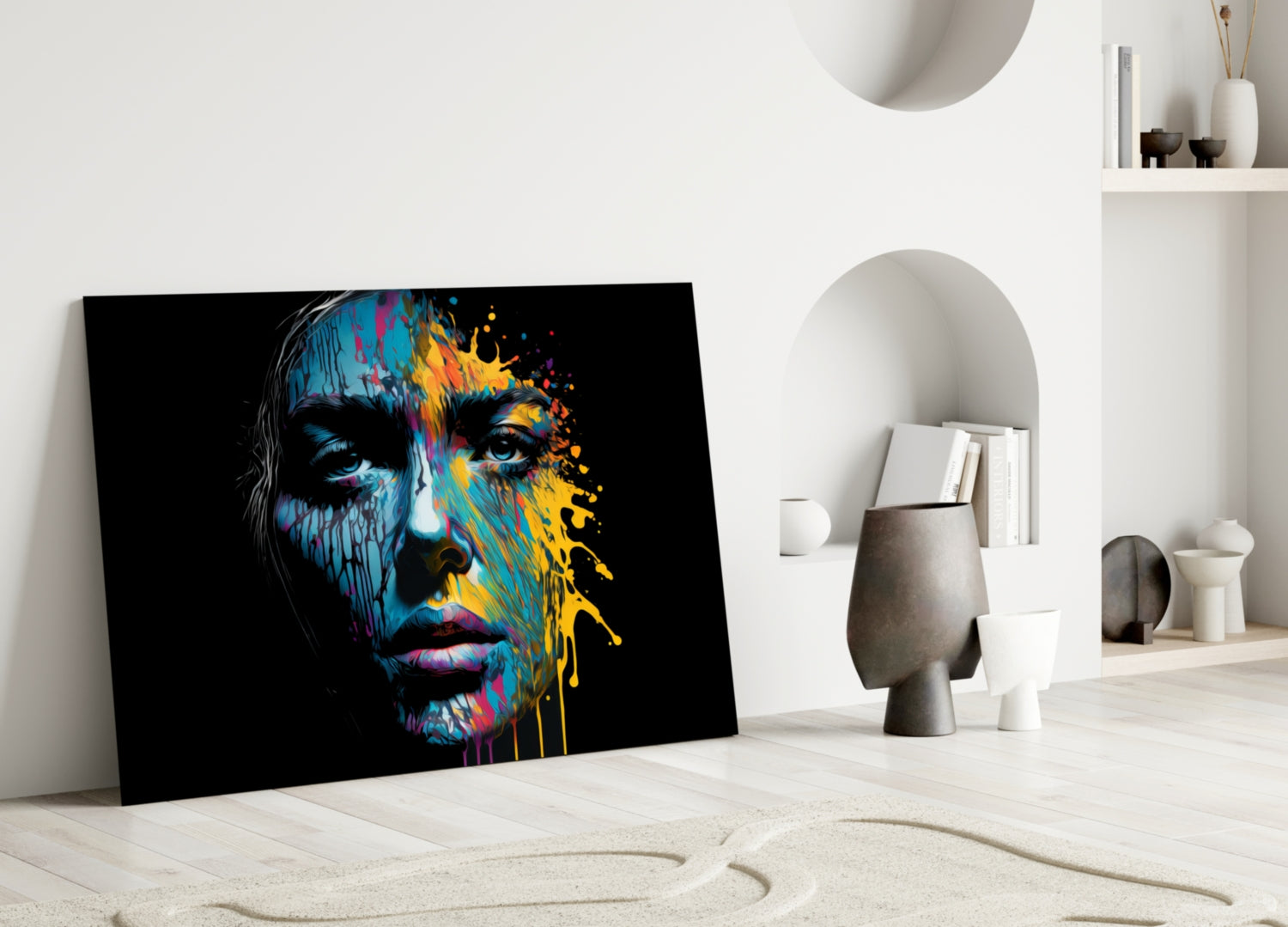 Colorful splash glass wall art leaning against white wall in minimalist room with decorative objects and shelving.