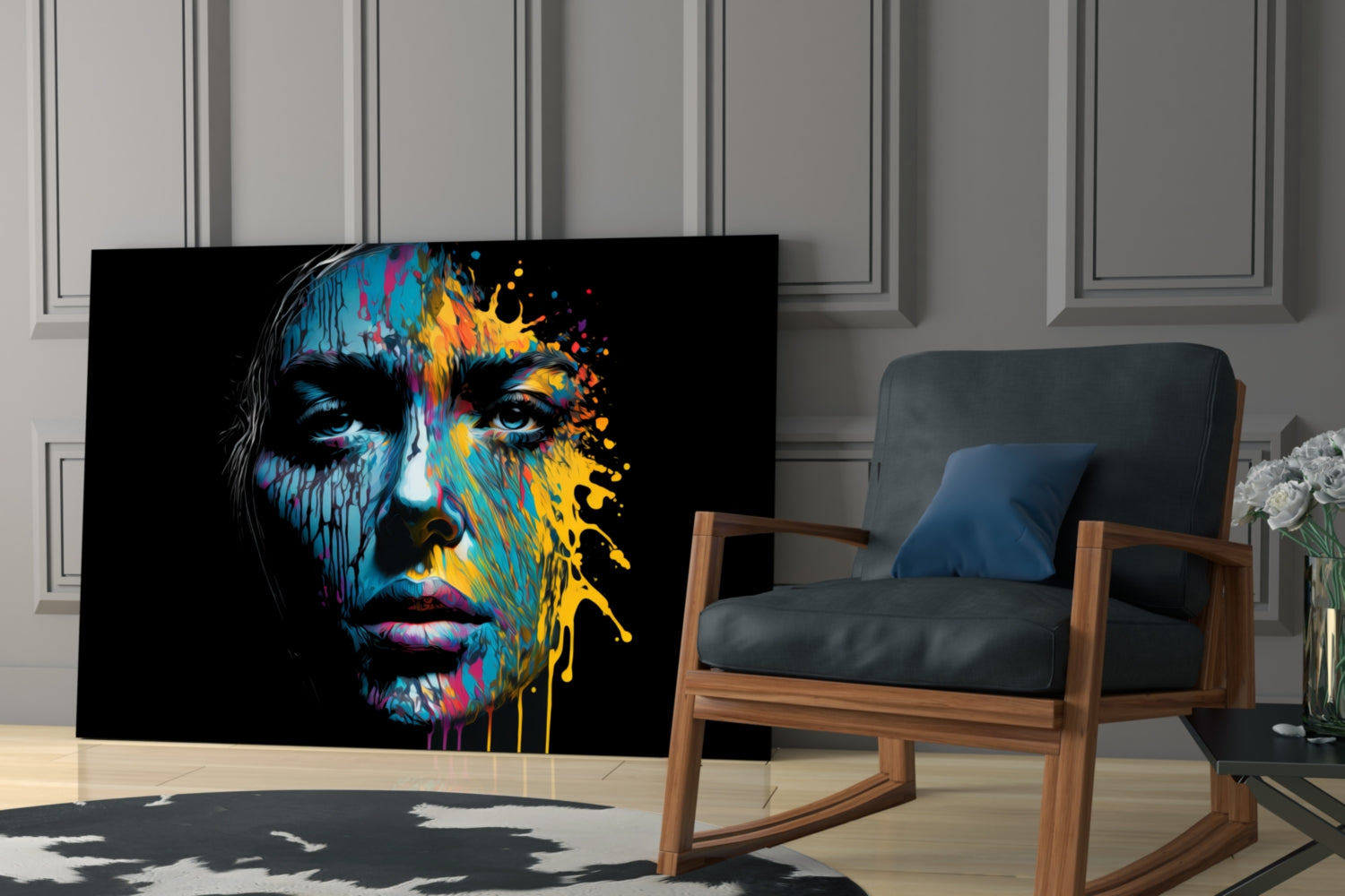 Colorful splash glass wall art featuring a portrait with blue, yellow, and pink paint effects displayed in a modern living room setting.