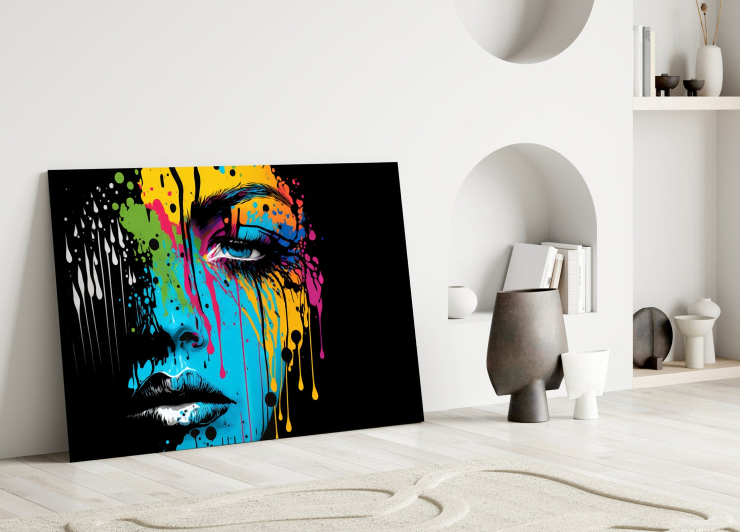 Colorful pop art glass wall panel with multicolored paint splatter design on black background, leaning against white wall in minimalist room setting.