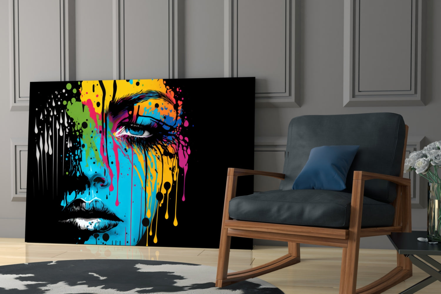 Colorful abstract face art glass panel displayed in modern living room next to wooden chair and potted flowers.
