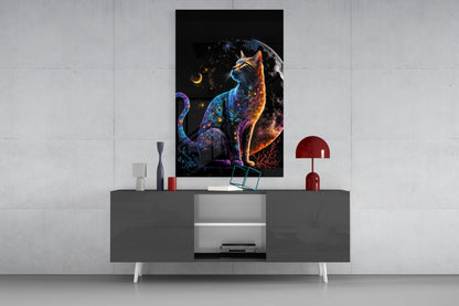 Jeweled Cat Under Crescent and Full Moon Glass Wall Art