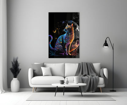 Jeweled Cat Under Crescent and Full Moon Glass Wall Art