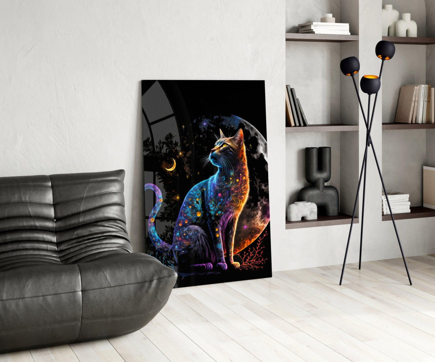 Jeweled Cat Under Crescent and Full Moon Glass Wall Art