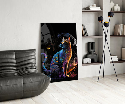 Jeweled Cat Under Crescent and Full Moon Glass Wall Art