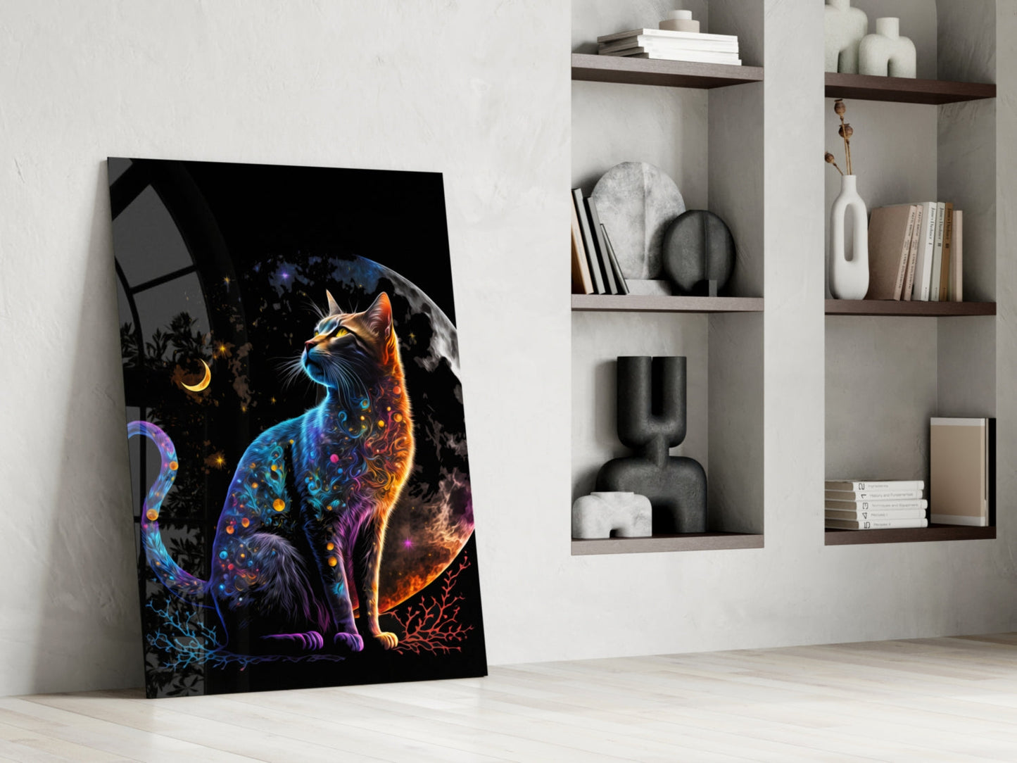 Jeweled Cat Under Crescent and Full Moon Glass Wall Art