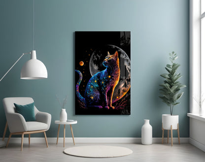 Glowing Blue Cat Silhouette Full Moon Glass Wall Art