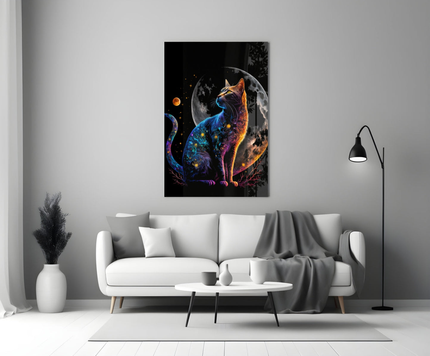 Glowing Blue Cat Silhouette Full Moon Glass Wall Art