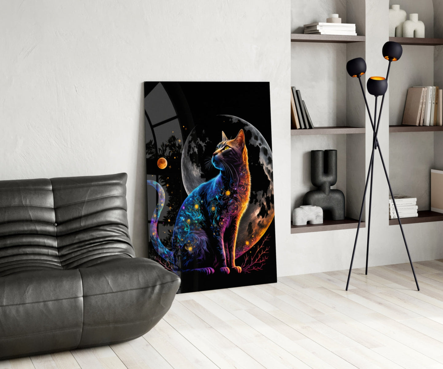 Glowing Blue Cat Silhouette Full Moon Glass Wall Art