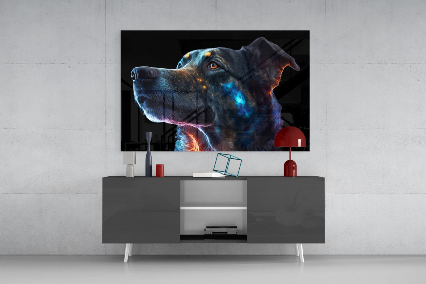 Golden Blue Glowing Dog Portrait Glass Wall Art