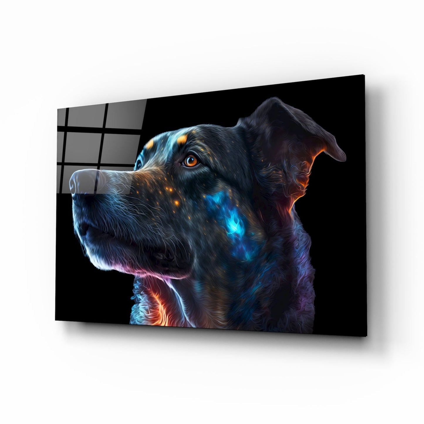 Golden Blue Glowing Dog Portrait Glass Wall Art