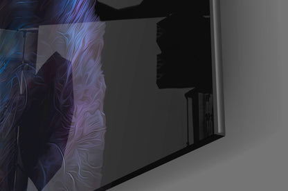 Golden Blue Glowing Dog Portrait Glass Wall Art
