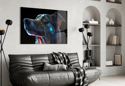 Golden Blue Glowing Dog Portrait Glass Wall Art
