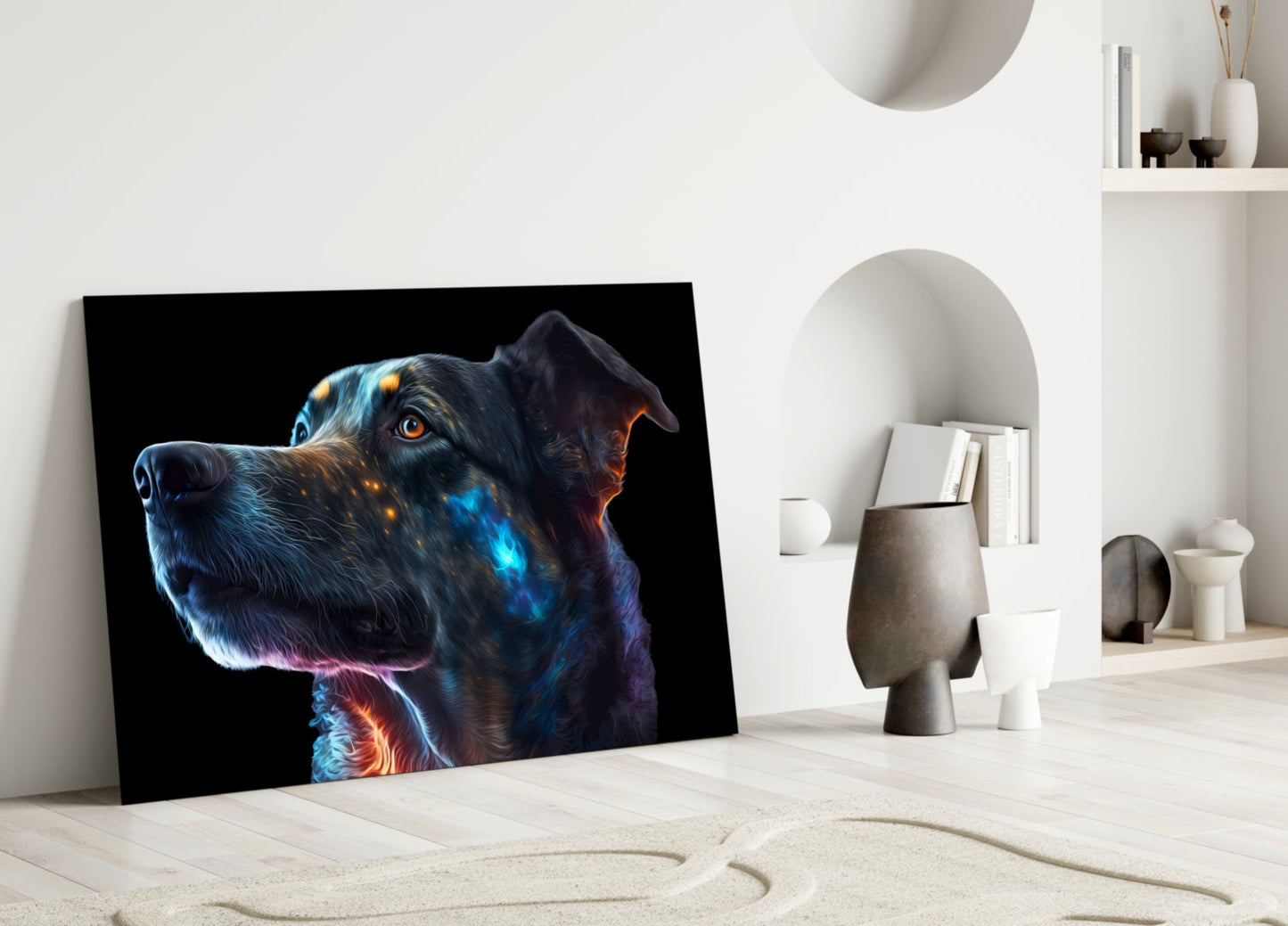 Golden Blue Glowing Dog Portrait Glass Wall Art