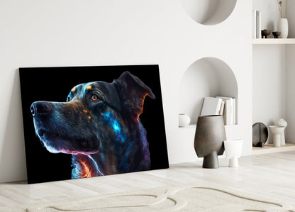 Golden Blue Glowing Dog Portrait Glass Wall Art