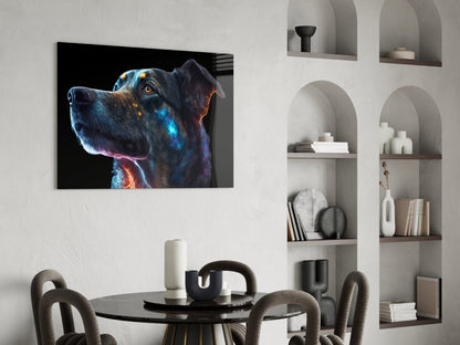 Golden Blue Glowing Dog Portrait Glass Wall Art