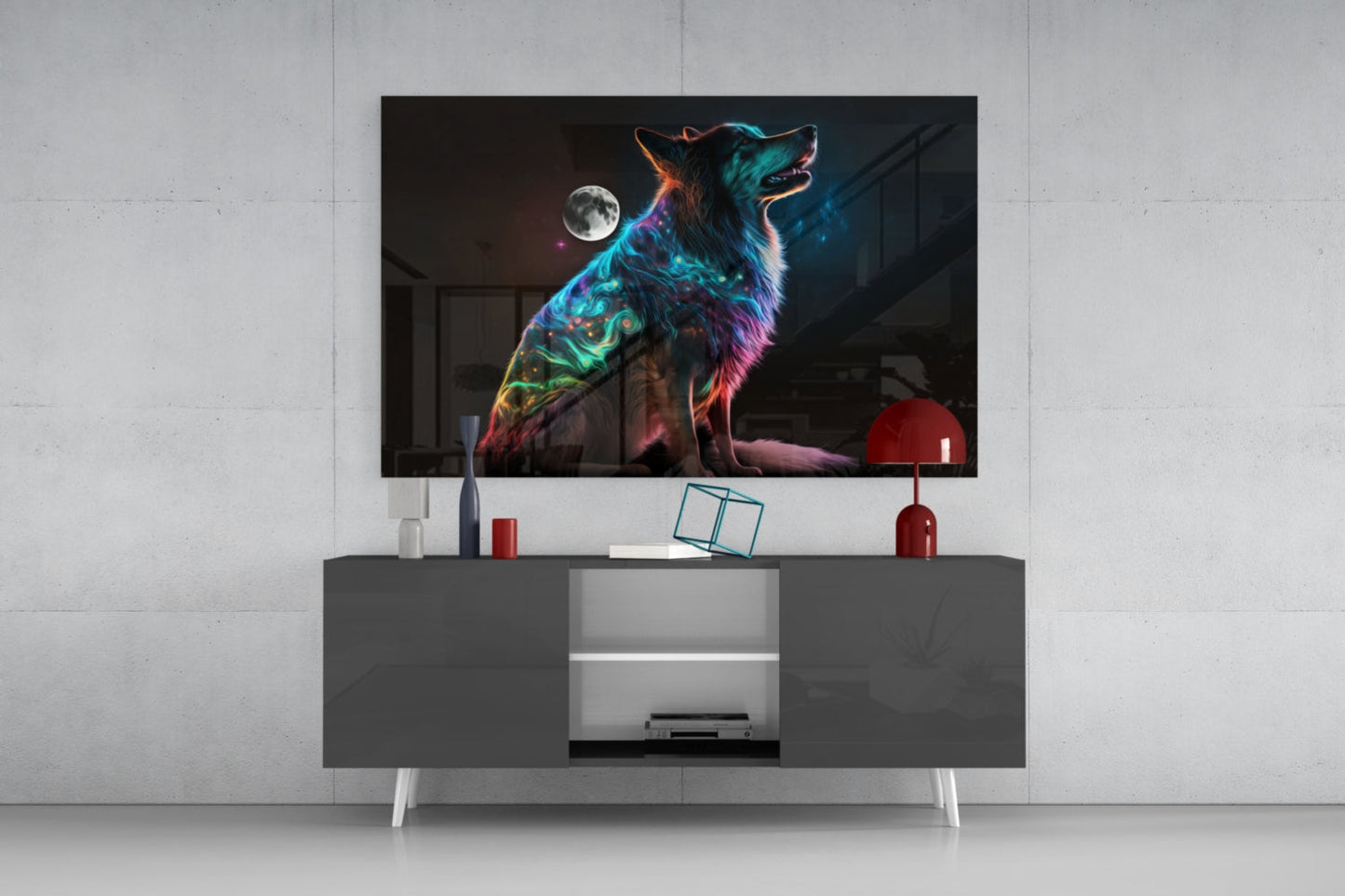 Rainbow Neon Sitting Dog And Moon Glass Wall Art