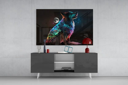 Rainbow Neon Sitting Dog And Moon Glass Wall Art