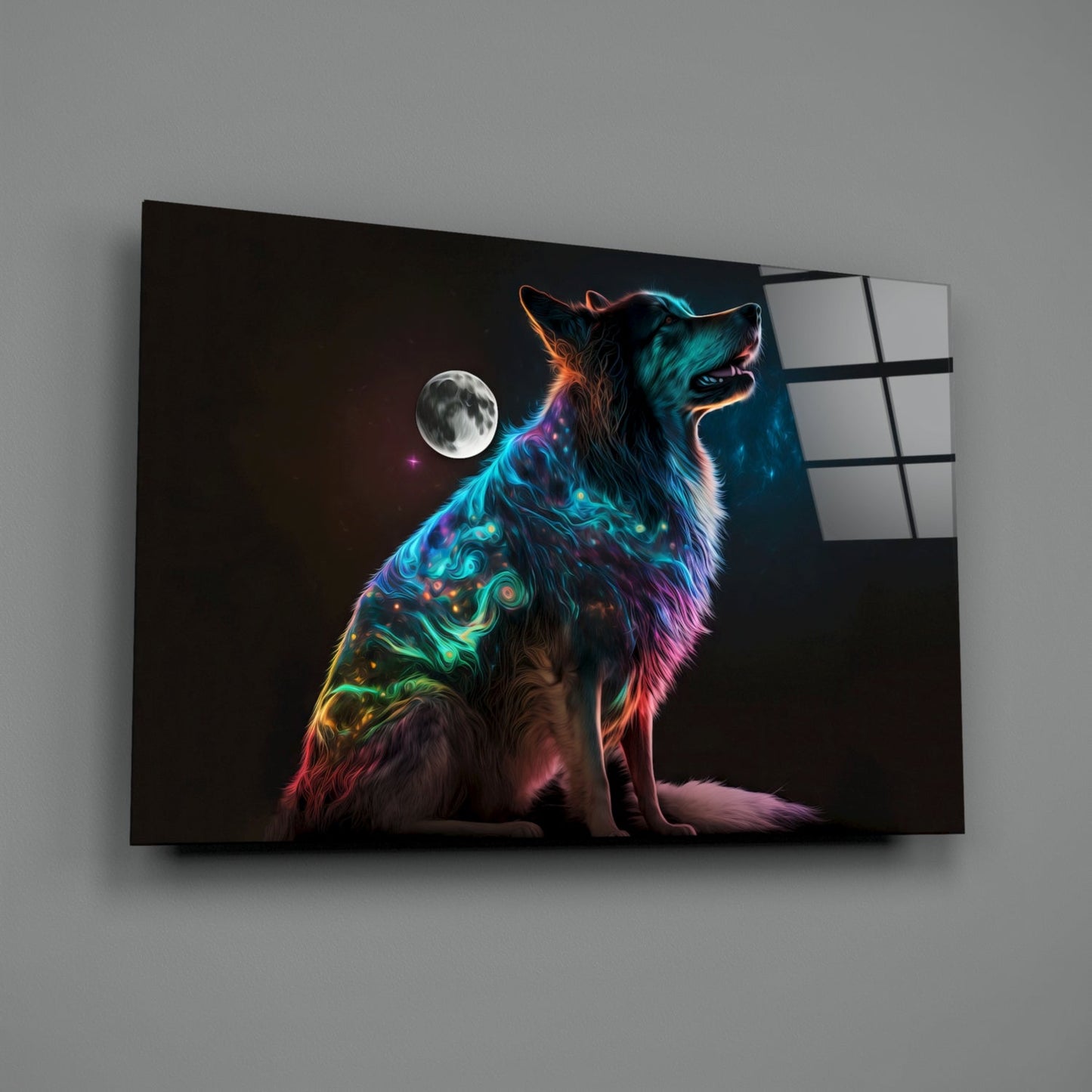 Rainbow Neon Sitting Dog And Moon Glass Wall Art