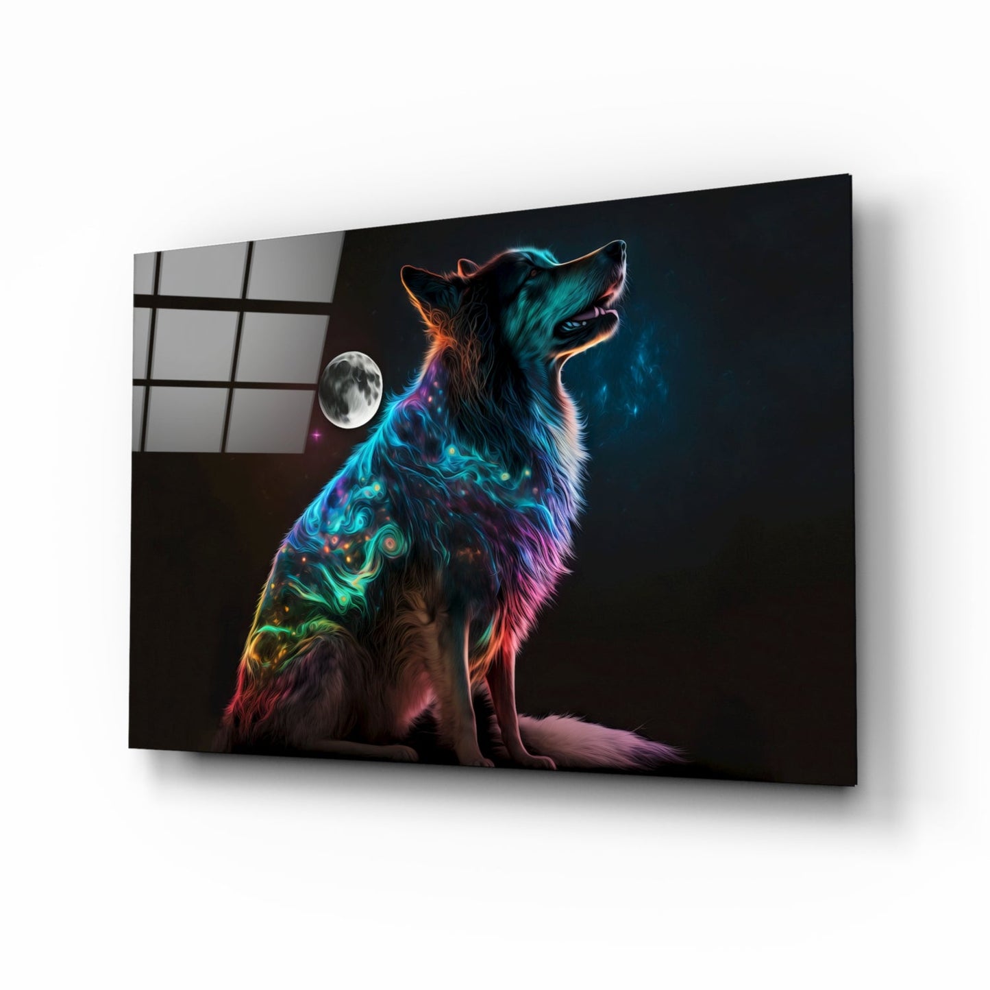 Rainbow Neon Sitting Dog And Moon Glass Wall Art