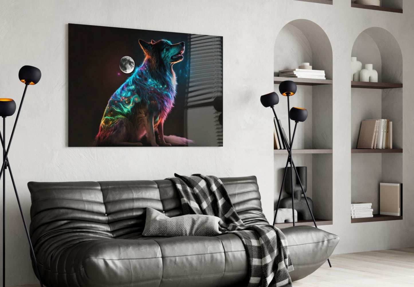 Rainbow Neon Sitting Dog And Moon Glass Wall Art
