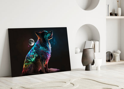 Rainbow Neon Sitting Dog And Moon Glass Wall Art
