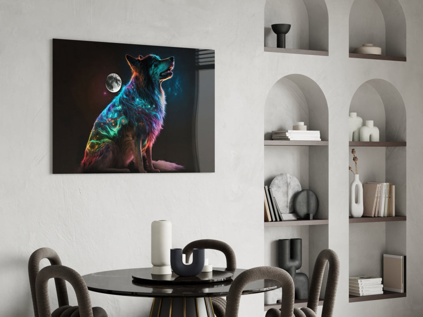 Rainbow Neon Sitting Dog And Moon Glass Wall Art